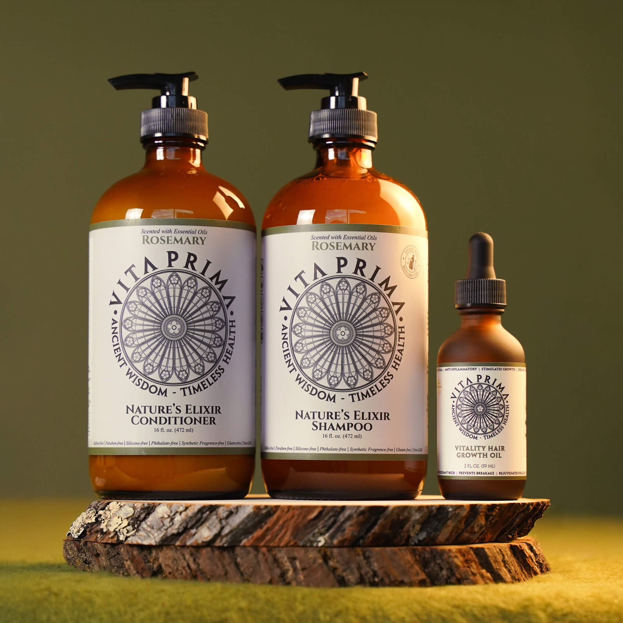 Vita Prima hair care product set on a wooden platform with a green background