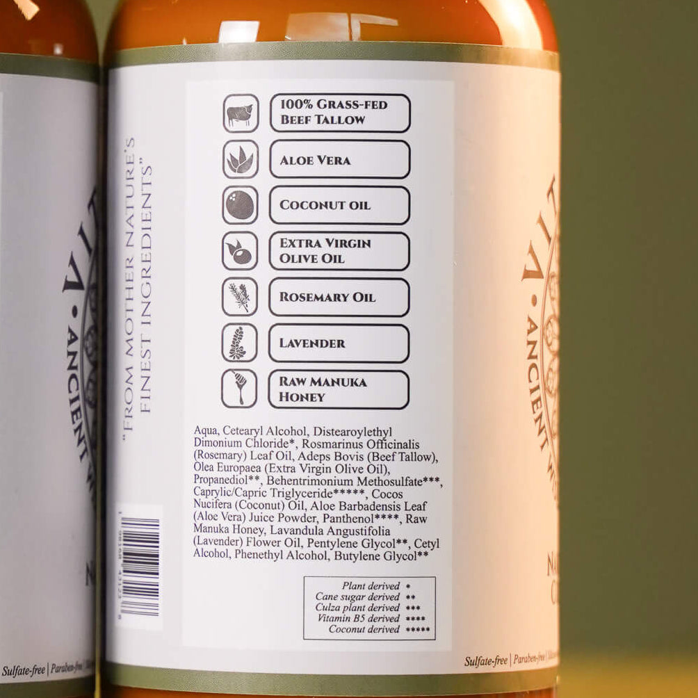 Two bottles with labels on a wooden surface against a green background