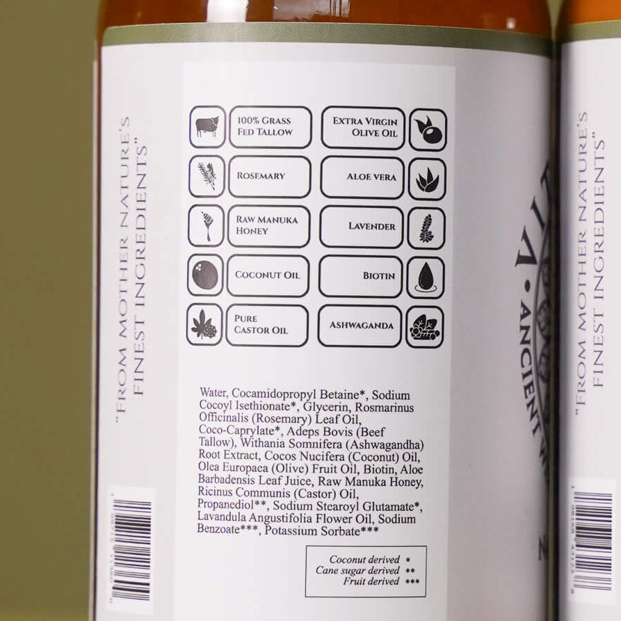 Two bottles with labels on a wooden surface against a green background