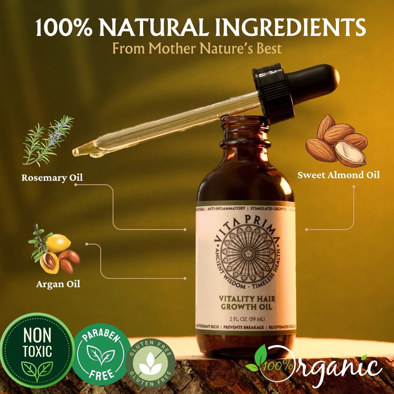Vita Prima hair growth oil with natural ingredients and certification icons on a wooden background