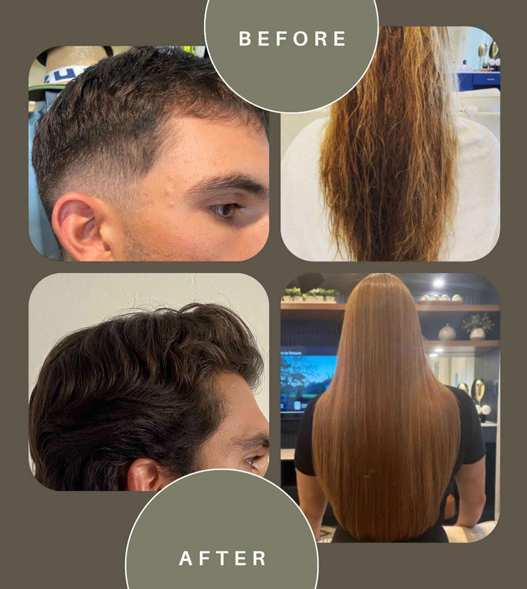 Before and after comparison of a haircut with close-up views of the transformation.